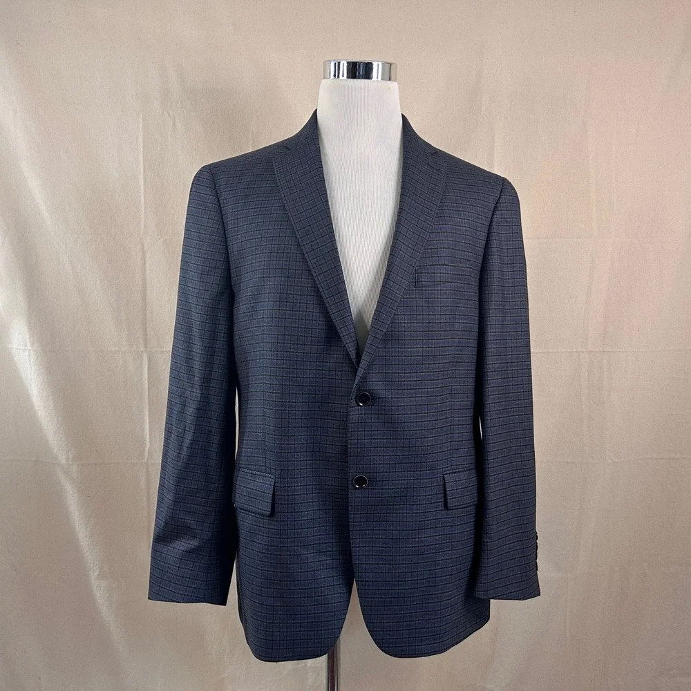 Hart Schaffner Marx 44R Sport Coat Wool Blend Blue Plaid Two Button Double Vent